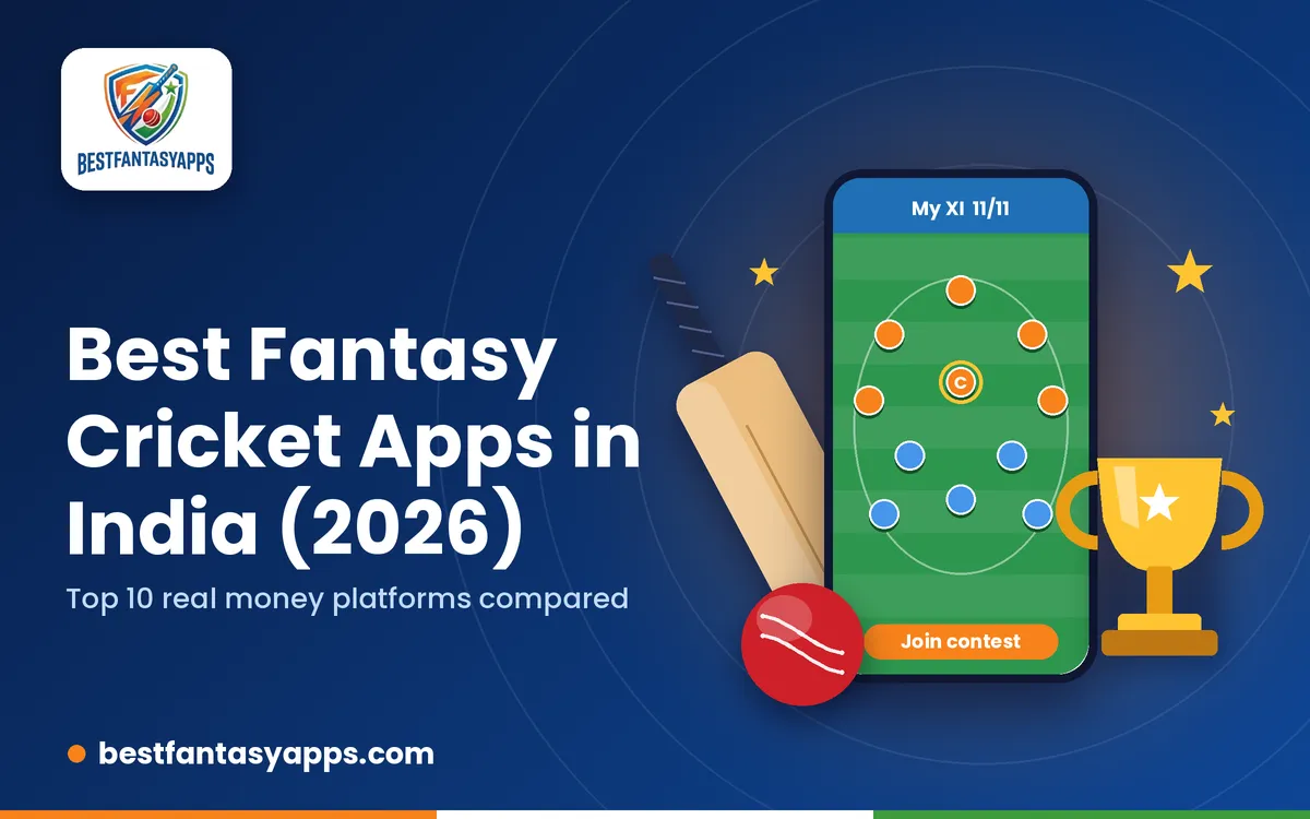 Best fantasy cricket apps in India 2026: phone with a fantasy XI, cricket bat and trophy